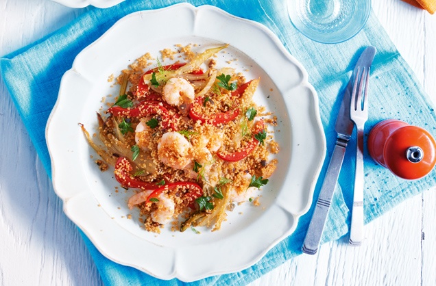 Prawns with paprika couscous and garlic sauce recipe