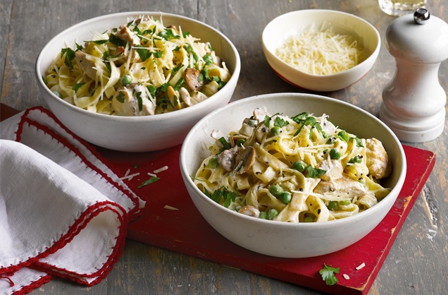 Lemony chicken, mushroom and pea pasta recipe