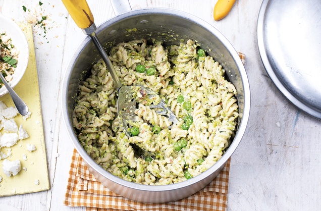 Pea and almond pesto fusilli recipe