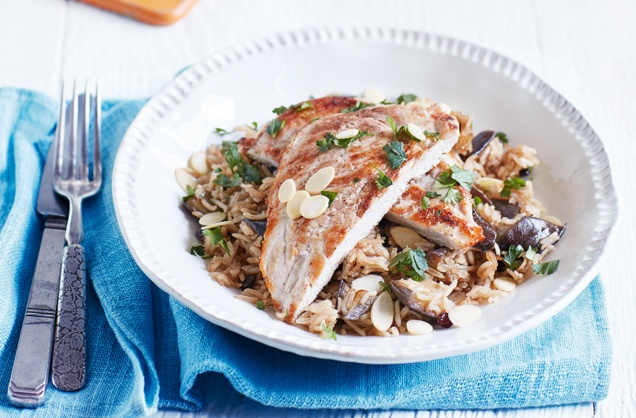 Spiced chicken with aubergine pilaf recipe