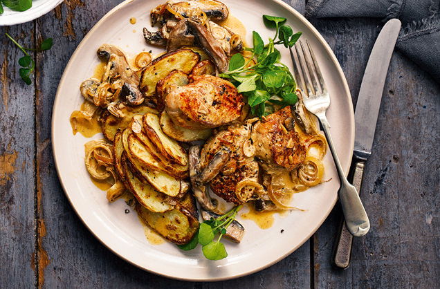 Pork fillet with mushroom sauce and lemon potatoes recipe