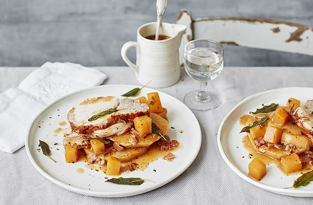Pot-roasted pork loin with pancetta, swede and celeriac recipe