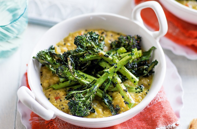 Red lentil dhal with spiced broccoli recipe