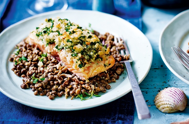 Herb-crusted salmon with creamed lentils recipe