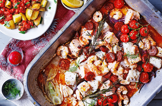 Spanish roasted fish with patatas bravas recipe