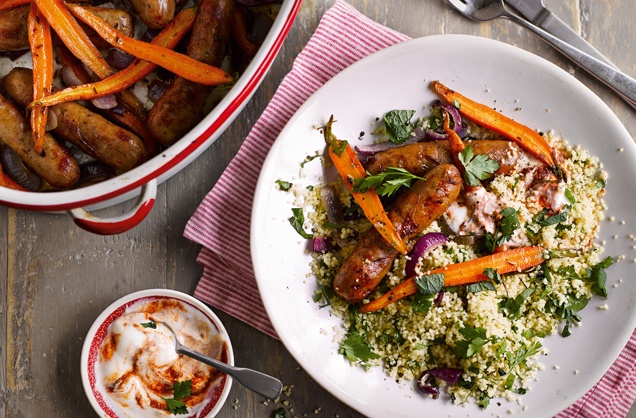 Sticky sausages with carrots and couscous recipe