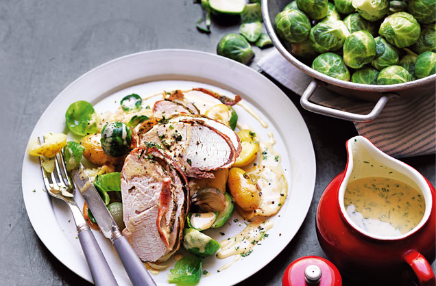 Pancetta-wrapped turkey with roasted sprouts recipe