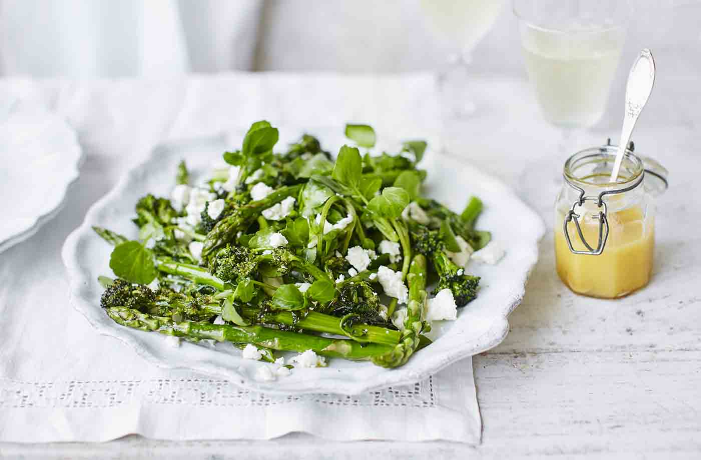 Roasted asparagus, purple sprouting broccoli and feta salad recipe