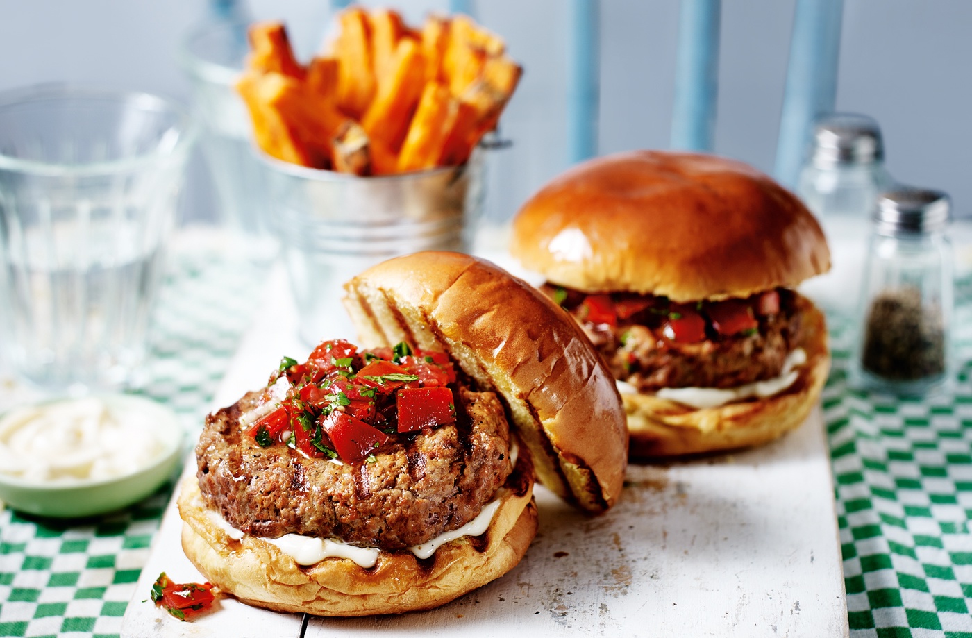 Spicy burgers with salsa and sweet potato fries recipe