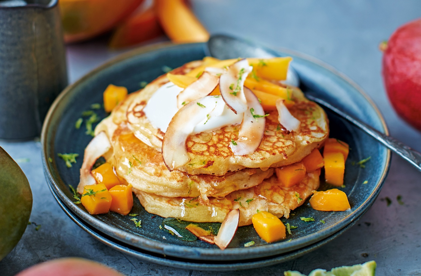 Mango pancakes with coconut and lime recipe