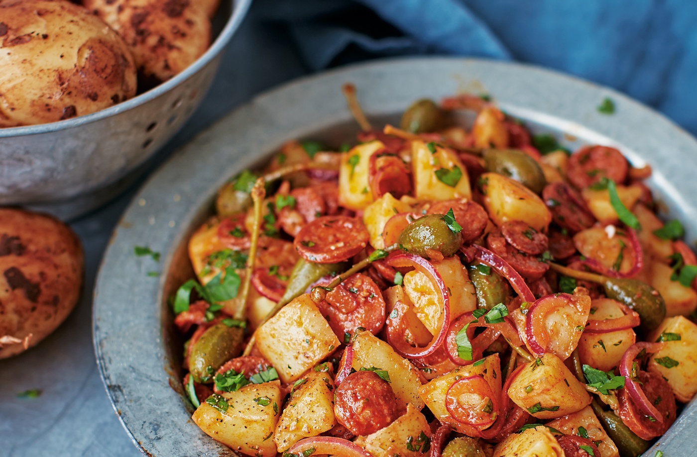 Potato salad with chorizo, caperberries and paprika recipe