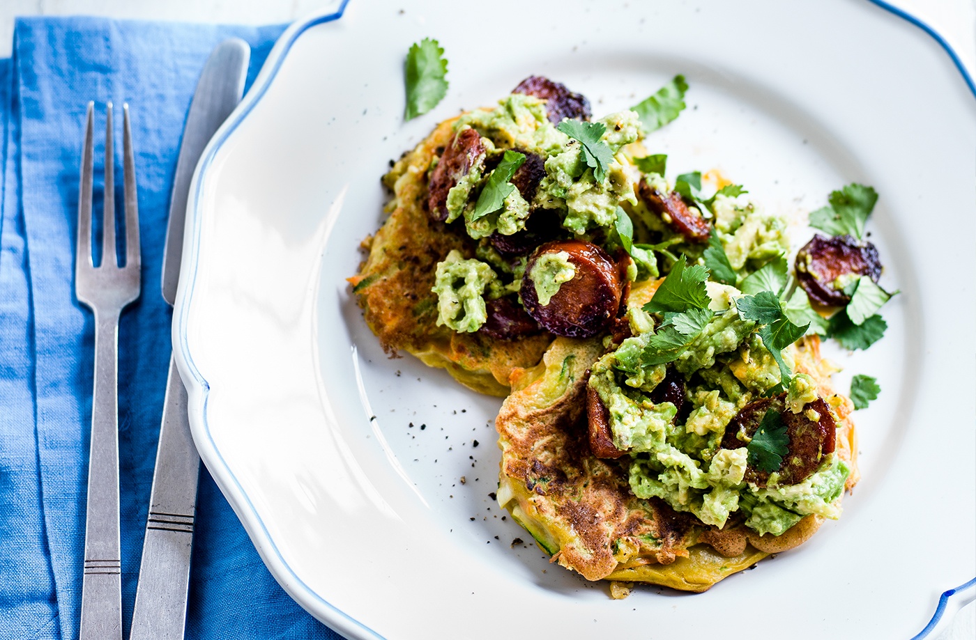 Veg pancakes with avocado and chorizo recipe