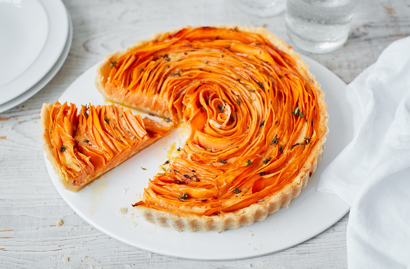 Sweet potato, thyme and Parmesan flower tart recipe