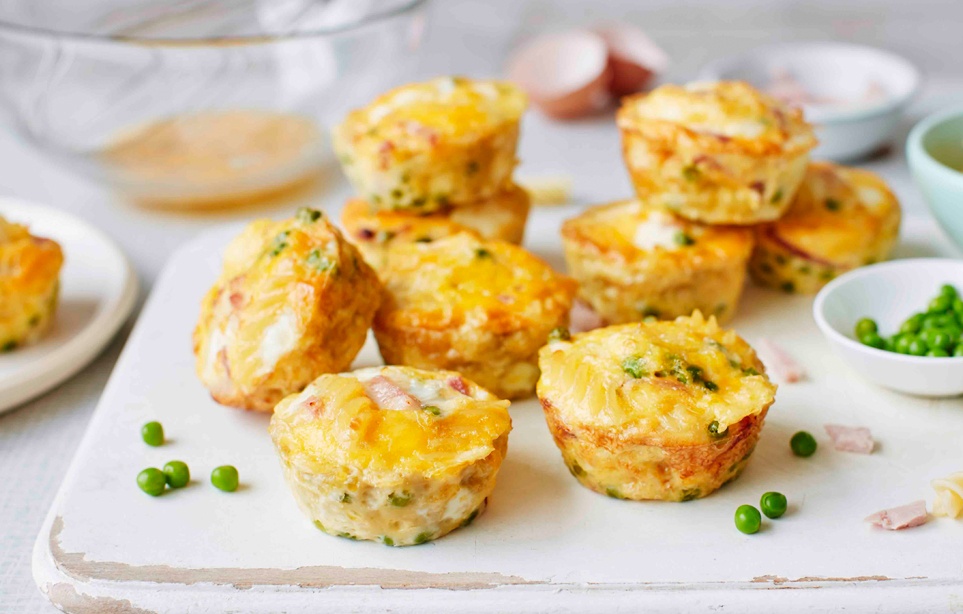 Oven-baked pea, ham and pasta frittatas recipe