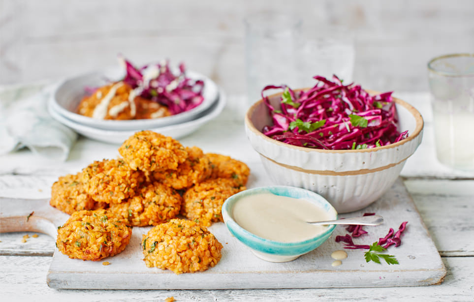 Lentil kofte with tahini sauce and red cabbage salad recipe