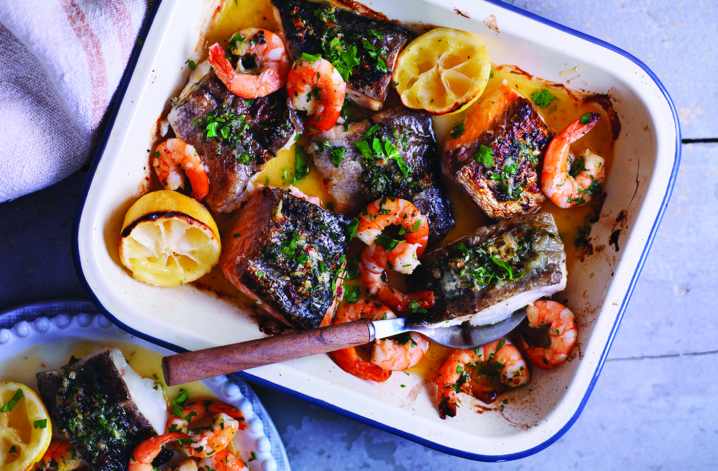 Mixed seafood roast with lemons and gremolata  recipe