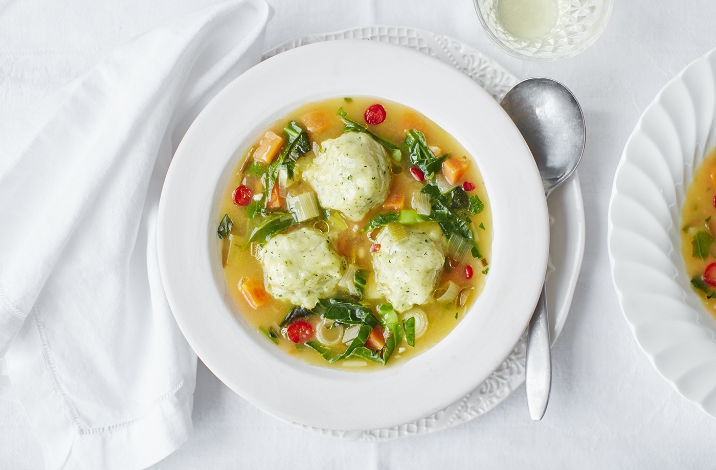 Spring vegetable broth with herby dumplings recipe