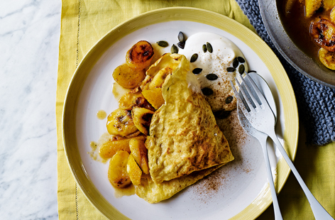 This simple gluten- and dairy-free pancake recipe means nobody has to miss out on classic crêpes this Pancake Day. Fill with golden caramelised bananas and juicy fresh orange slices for a new way to serve your pancakes this year.