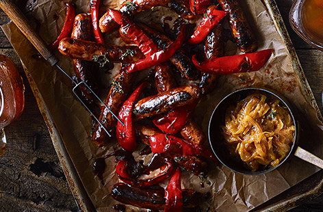 These sticky sausages and charred peppers make a great Bonfire Night feast, but could just as easily be served up as a hearty family supper. 