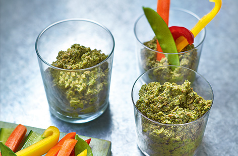 This vegan snack shows that pesto doesn’t have to just be for pasta – this vibrant broccoli and sunflower seed pesto makes a brilliant healthy dip served with plenty of fresh veg crudités. 