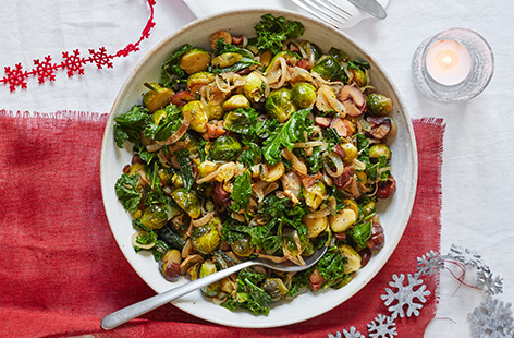 Classic Christmas sprouts are paired with chestnuts and kale for a festive side full of goodness and crunch