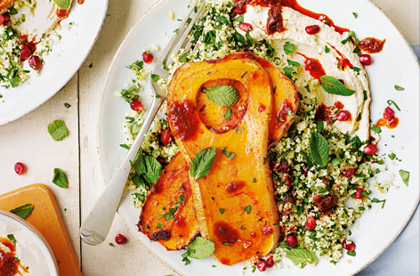 This hearty vegan supper features butternut squash as the star attraction. Brushed with fiery harissa and served with protein-rich houmous and a pomegranate and herb-infused couscous, you'll want to add this to your meat-free Monday recipe rotation