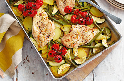 Traybakes are the perfect answer to lazy midweek evenings and this is no exception, loaded with succulent chicken breasts, fluffy potatoes, tender courgettes, green beans and juicy vine tomatoes.