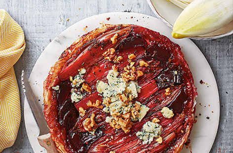 This modern twist on a classic proves that tarte Tatin doesn’t always have to be sweet. The combination of chicory, crunchy walnuts and melted blue cheese will have you converted to this savoury version in no time.