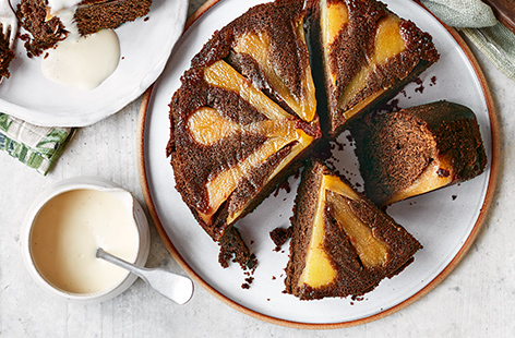 This indulgent dessert makes a stunning end to a dinner party and is best served warm with plenty of custard. Caramelised pears are layered on the bottom of your cake tin and topped with rich chocolate mixture for decadent results. You can use tinned pears