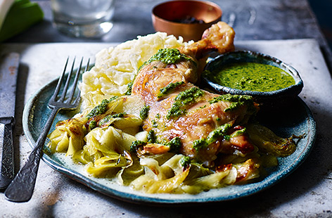 Leeks are in this season, why not try cooking them with garlic and mouthwatering chicken thighs? Add a taste of British harvest by making a simple-to-make mint, parsley and caper salsa.