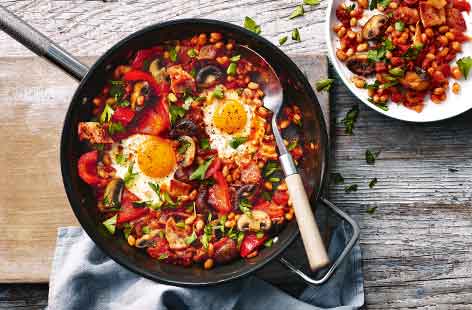 Traditional shakshuka and a full English breakfast collide in this dreamy brunch recipe. Eggs are poached in a spicy tomato sauce loaded with bacon, mushrooms and peppers for the ideal hearty dish