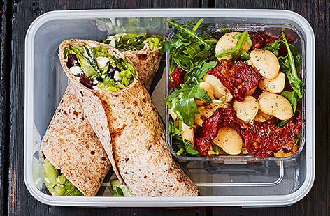 Filled with all our favourite Greek salad ingredients - cheese, olives and cucumber - these multiseed tortilla wraps make a refreshing lunchbox recipe. Served with a full-of-flavour sundried tomato and butter bean salad, this is sustaining and nutritious. 