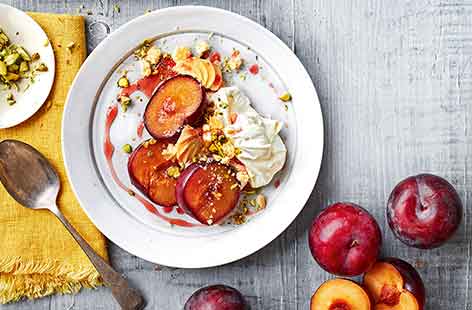 A stylish dessert lets the juicy plums be the star of the show. The simple recipe pairs the plums with crunchy chopped pistachios and creamy mascarpone for an ideal last minute dish when you need a sweet treat.