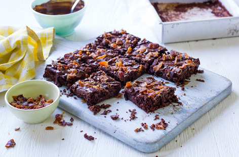 Father's Day treats surely can't get much better than this. These gooey, richly chocolatey brownies are finished with a whiskey-flavoured ganache and a scattering of salty-sweet candied bacon pieces