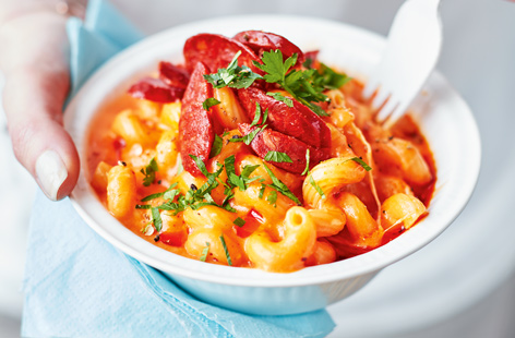 Spice up a classic creamy dish with some chorizo and chilli with the red mac 'n' cheese. This hotter alternative will keep the summer heat sizzling in your kitchen, a delicious mixture of soft pasta and melt-in-your-mouth cheese. 