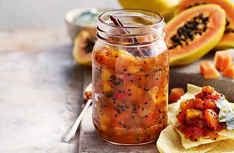 Sweet and spicy mango chutney is a storecupboard staple for many, but it’s definitely worth making your own. With chunks of fresh papaya as well as mango, this simple chutney is bursting with flavour. Try serving it alongside curries or with cold meats.