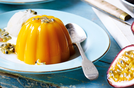 Made with coconut water and tropical juice, these passion fruit jellies make a light, sweet treat. Served with a scoop of vanilla ice cream, this is a dessert the whole family will love
