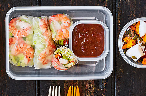 For a Vietnamese spin on your lunchbox, try these tasty prawn summer rolls. Filled with crunchy iceberg lettuce, shredded mint and sweet carrot, and served with a rich hoisin-style dressing, these are great for a takeaway lunch or dinner party canape. 