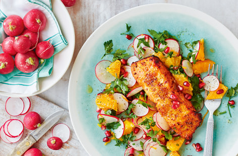 Brushed with a medley of honey, mustard and orange zest and baked until mouthwateringly flaky, trout really shines in this summery main. Serve with radishes, orange pieces and pomegranate jewels for a dinner idea that's as colourful as it is delicious