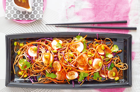 Give your packed lunch some serious style with this veggie-friendly soba salad. Not only is it loaded with gorgeous colours, flavours and textures, but it is also a source of protein, low in saturates and ticks off two of your five a day
