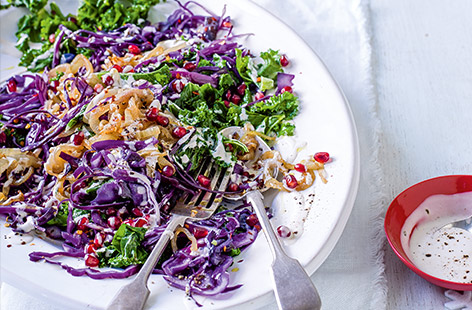 Enjoy this season's best delicate and crunchy red cabbage with nutritious kale and yummy tahini dressing with this healthy recipe. Winter doesn't always mean you have to worry about eating bloating meals all the time, you can indulge this fresh salad witho