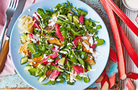This vibrant gluten-free salad is a beautiful combination of flavours and textures. The smoky mackerel flakes make a lovely contrast to the tart stalks of spiced rhubarb and horseradish-flavoured crème fraîche dressing
