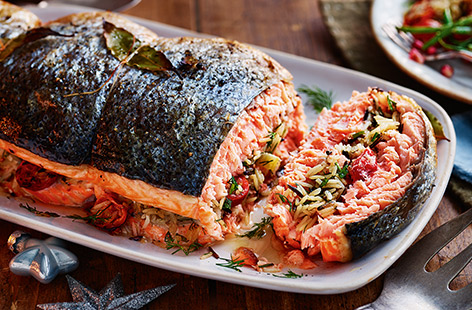 Rice-stuffed salmon with herby buttermilk sauce