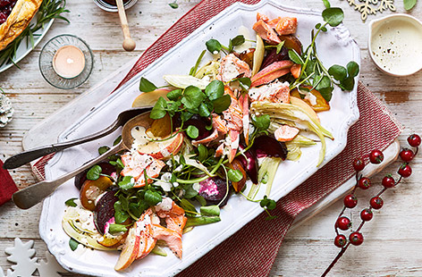 A colourful salad packed with veg, apples and hot smoked salmon is just the ticket for a Boxing Day buffet