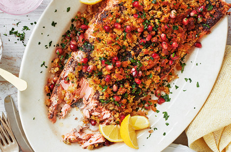 Bring the wow-factor to your Easter lunch with this sweet-spiced roasted salmon. The fish is first rubbed with cumin, cinnamon and sumac before being topped with sourdough breadcrumbs to make up the crust and rounded off with a pomegranate dressing