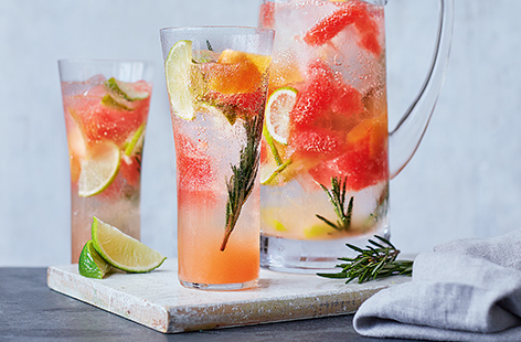 Make your own simple soft drink by infusing mineral water with fresh flavours of tangy grapefruit, lime and a few sprigs of rosemary for a herbal touch