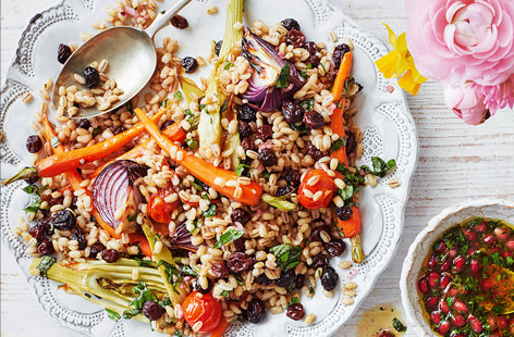 Nutty pearl barley pairs perfectly with a honey dressing and an array of sweet roasted veg to make this beautiful Easter dish... It also happens to be vegetarian and dairy-free!