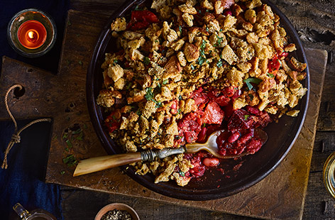 This autumn vegetable bake is the perfect crowd-pleaser. It's full of spicy flavour from harissa, coriander and paprika, packed with seasonal veg such as pumpkin, parsnip and beetroot, and finished with a crispy bread topping.