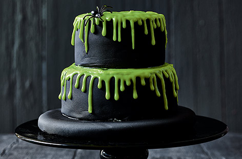 This easy Halloween cake recipe is ideal for a last-minute party as it's simply a matter of decorating two ready-made Victoria sponge cakes with black icing and this slimy white chocolate 'drip'.