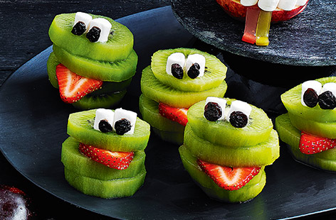 Keep it natural this Halloween with these refreshing kiwi 'frogs'. It's as easy as tucking half a strawberry between two slices of fresh kiwi fruit, just add mini marshmallows and currants for eyes!